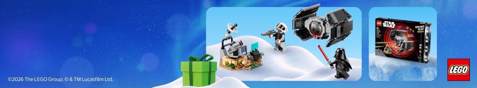 Lego Star Wars set with TIE fighter, snowy scene and minifigures, product box and green gift box. Copyright The Lego Group and Lucasfilm Ltd.