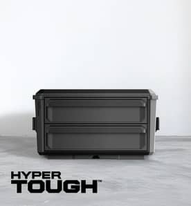 An image of a black toolbox on a grey background, next to the Hyper Tough logo.