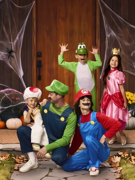 Family in colorful video game inspired Halloween costumes posing on a decorated front porch with pumpkins and spiderwebs.
