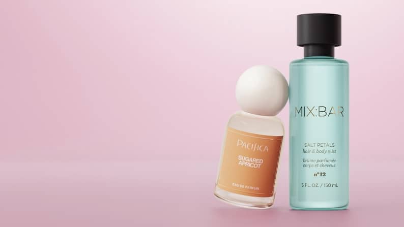 An image speaking to “Minimalist scents” featuring a perfume bottle from Pacifica and MIX:BAR.