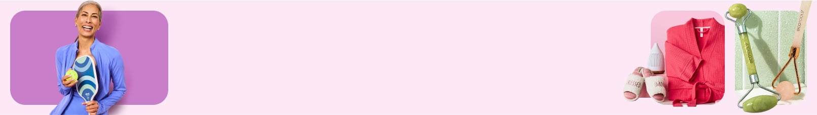 A mom holding a pickleball racket and ball is seen opposite facial rollers, a matching pajama set and fuzzy slippers.