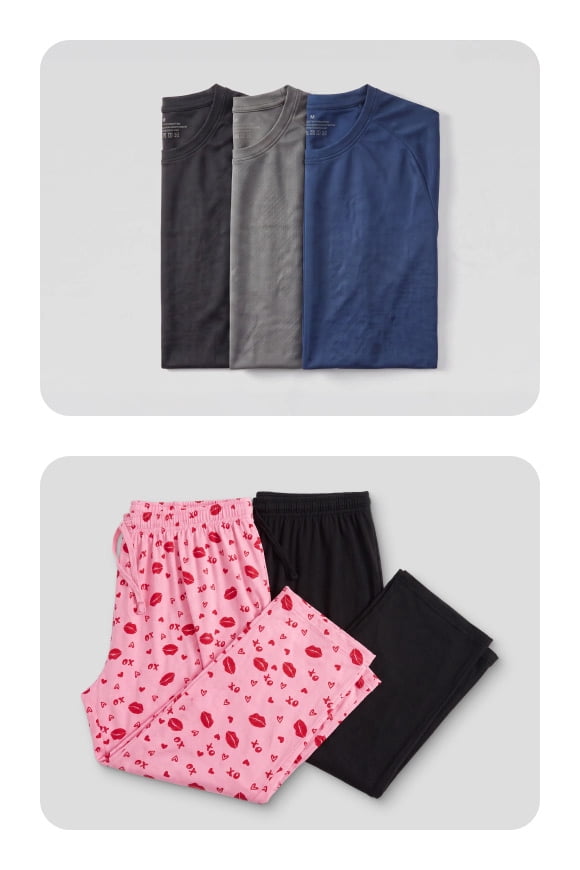 Three crewneck T shirts in dark gray, light gray and navy with two pajama pants, one black and one pink with heart and lip print.