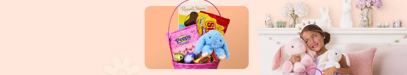 A pink Easter basket filled with candy, eggs and plushies. A little girl is seated holding two plushies in a living room decorated for Easter.