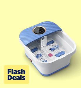 Image shows a blue and white ALLJOY collapsible foot spa bath massager on a pale yellow background.