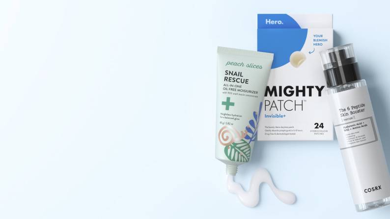 A product shot of Peach Slices moisturizer, Mighty Patch zit patches, and COXRX serum.