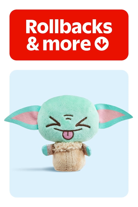 Rollbacks and more in white text on a red background. A Star Wars Grogu plush is shown on a blue background.