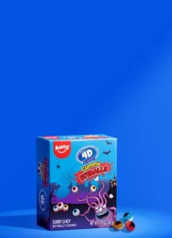 Amos 4D Gummy Eyeballs gummy candy box with cartoon octopus and several gummy eyeballs beside it.