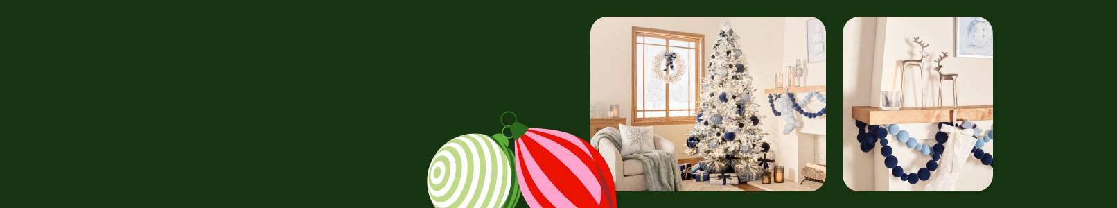 Flocked tree and blue, silver and white decor in a living room setting shown.