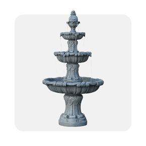 Image shows a gray three-tier outdoor freestanding water fountain with a classic leaf design, made of resin, displayed on a light gray background.