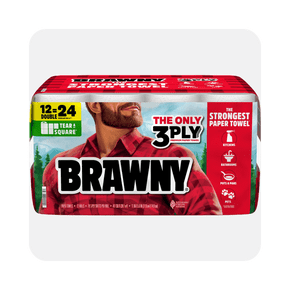Image shows a package of red Brawny Tear-A-Square three-ply strong paper towels on a white background.