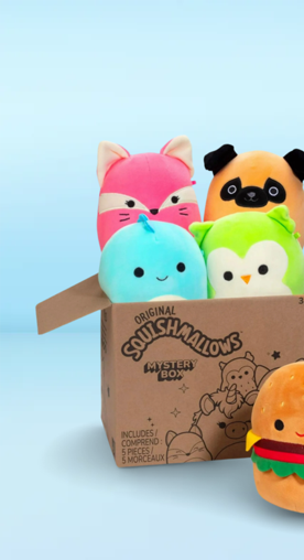 Image shows a mystery box of colorful Squishmallows stuffed animals with a light blue background.