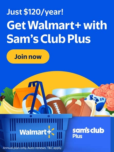 Walmart Plus. Annual plan only. Auto renews. T and C apply. Walmart and Sams Club Plus basket filled with groceries and household items.