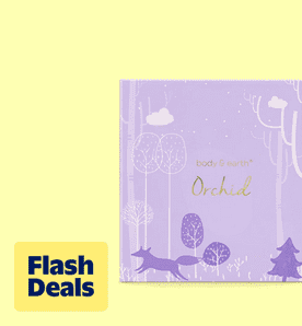 Image shows a purple Body & Earth orchid-scented gift set on a light yellow background.