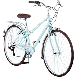Light green Womens' hybrid comfort bike with brown seat and storage bracket on back