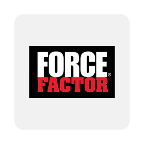 Image shows Force Factor logo with bold white and red text on a black background, surrounded by a light gray frame.