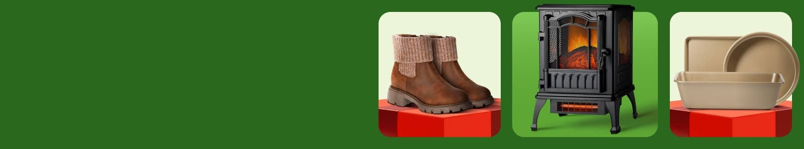 Brown boots, a fireplace and a baking set.