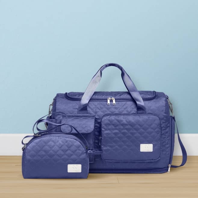 Two-piece expandable foldable duffle bag set with wet pocket and shoe compartment, waterproof travel and gym bags.