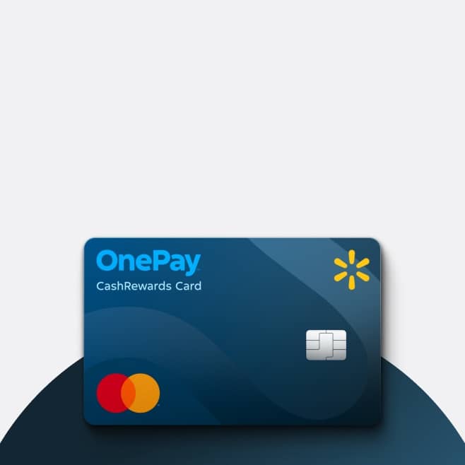 A blue credit card printed with interlocking orange and yellow circles, as well as a yellow Walmart Spark logo. Text says: OnePay CashRewards Card.
