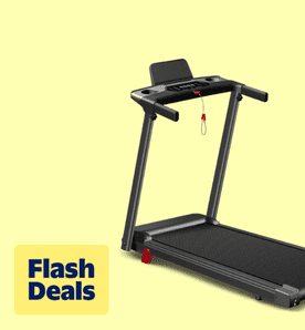 Flash deals. Image shows a black Tomile foldable electric treadmill for home use on a light yellow background.