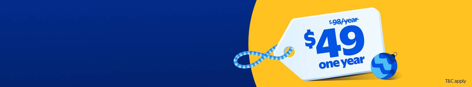 Image shows a colorful illustration of a price tag next to an ornament. The text says $49 for one year for Walmart Plus memberships.