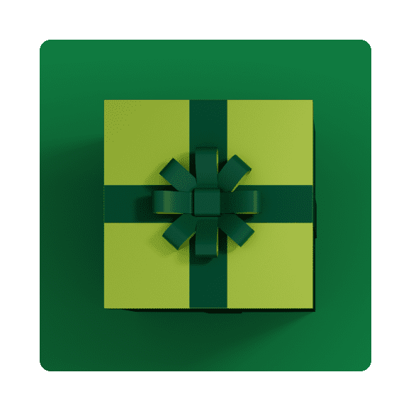 A light green gift box is wrapped with a dark green ribbon. 