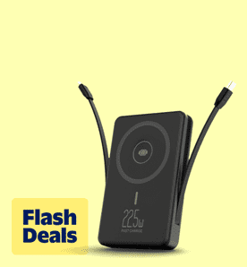 Image shows a black SUPBS magnetic portable charger with built-in cables on a light yellow background.