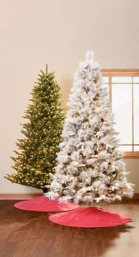 Image of two Christmas trees in a room. One is a flocked tree with lights and a red skirt, and the other is a green pre-lit tree with a red skirt.