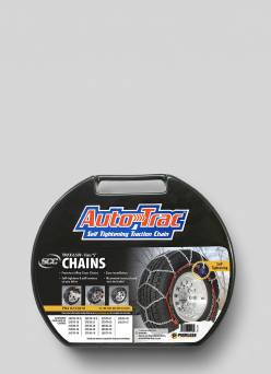 Auto Trac self tightening traction chains carrying case with tire chain images and fitment chart on the front.