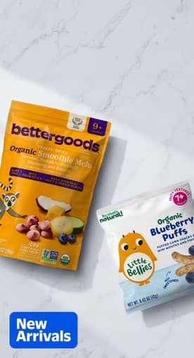 bettergoods baby & toddler snacks starting from $1.50, showing a mango puree pouch and overnight oats.