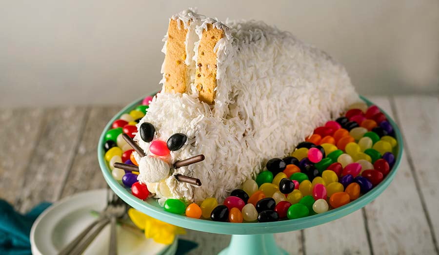 Side view of bunny cake on platter