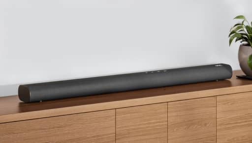 An onn Dolby Atmos soundbar resting on a wooden media console.