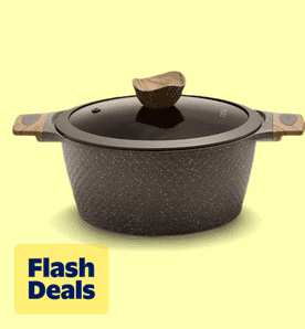 Image shows a brown Carote nonstick granite cookware pot with a wooden handle on a light yellow background.