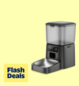 Image shows a black Oneisall automatic pet feeder with a stainless steel bowl on a light yellow background.