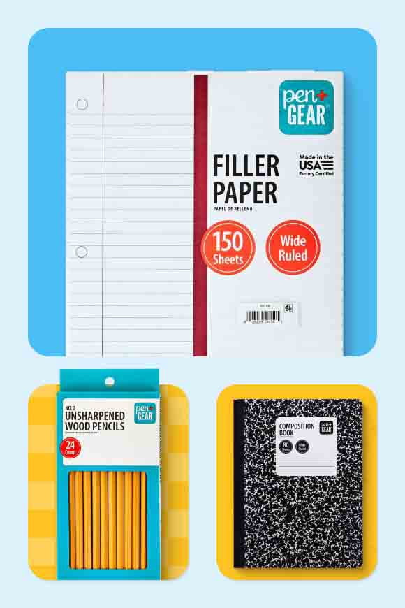 Paper, pencils and a notebook.