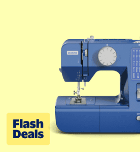 Flash Deals. Image shows a blue BCOOSS sewing machine on a yellow background.