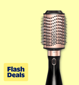 Image shows a black and rose gold SKIMI ionic ceramic hair dryer brush on a pale yellow background.