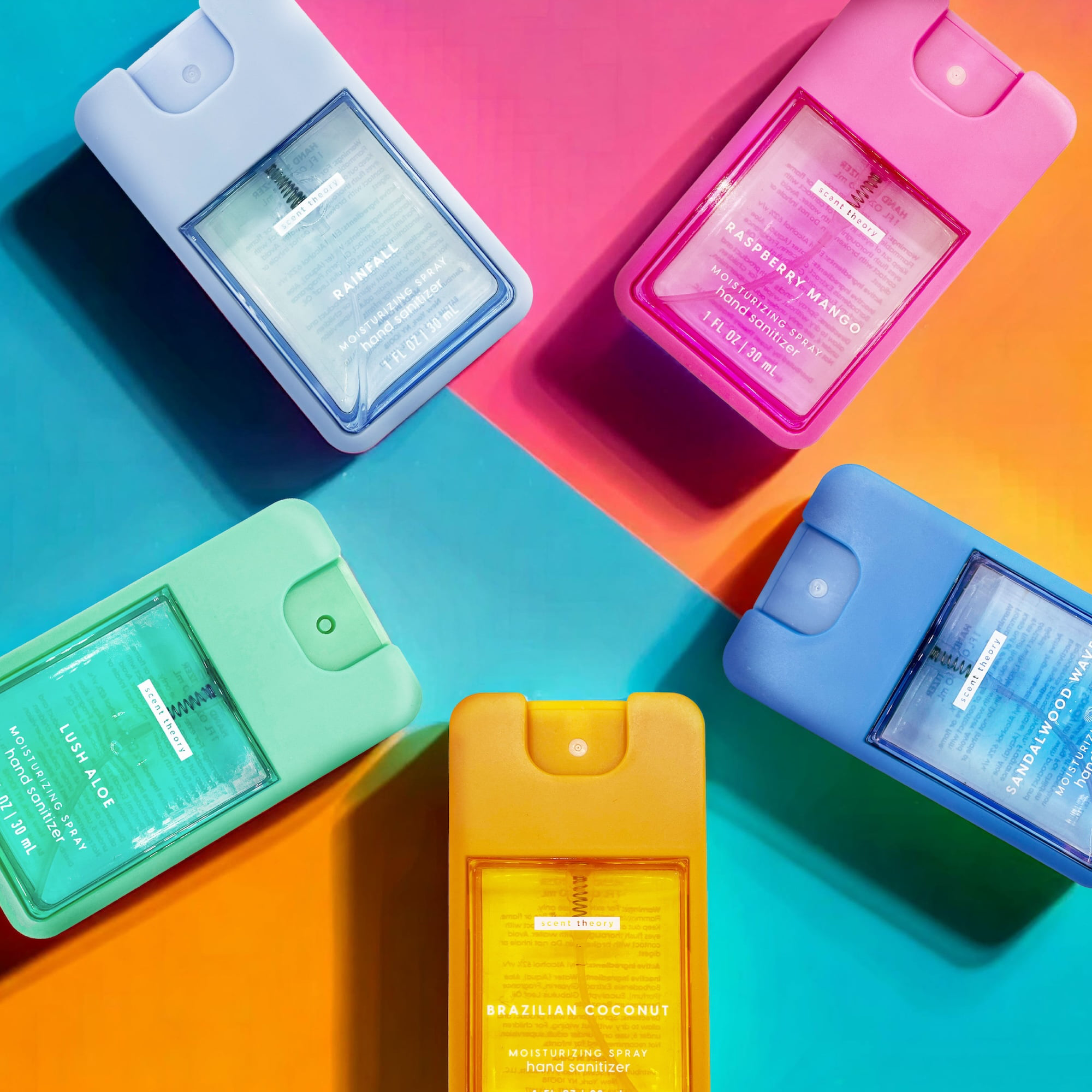 Image shows A scent for every mood. Meet Scent Theory's moisturizing pocket sprays.