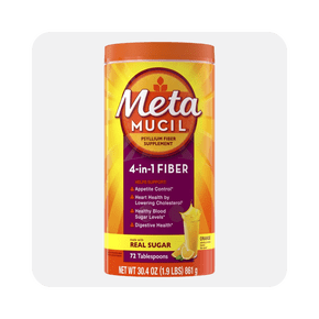 Image shows an orange container of Metamucil fiber supplement with four-in-one fiber benefits on a white background.