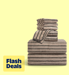Image shows a bicolor dark brown striped towel set by Jessy Home on a light yellow background.