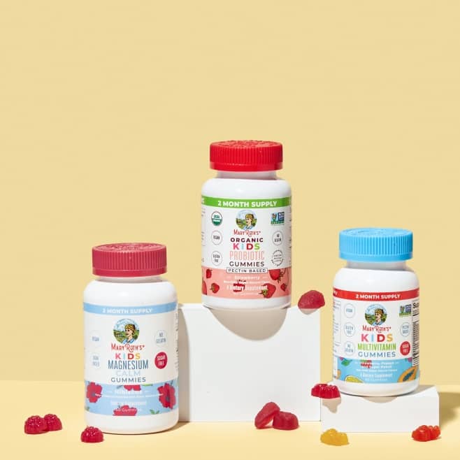 Mary Ruth’s gummy probiotics, magnesium and multivitamins are shown.