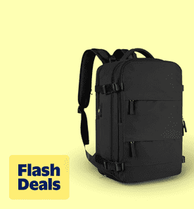 Image shows a black Dakomm travel backpack with a shoe compartment on a light yellow background.