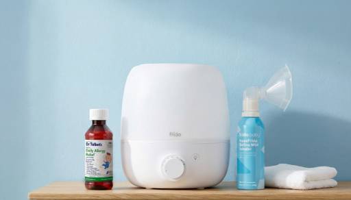 Frida Baby’s NoseFrida saline mist inhaler and humidifier, Dr Talbot’s daily allergy relief infant meds.