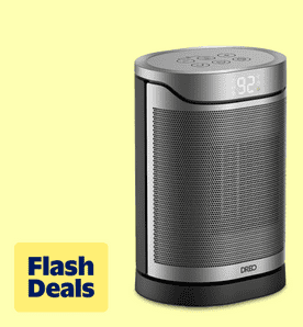 Image shows a sleek gray and black Dreo space heater on a light yellow background.