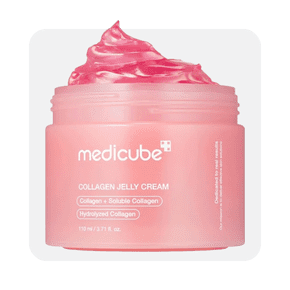 Image shows a pink container of Medicube Collagen Jelly Cream facial moisturizer on a white background.