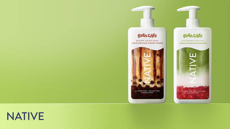 Three Native haircare products in green, red, purple, and orange bottles, with text announcing the new collection now at Walmart.