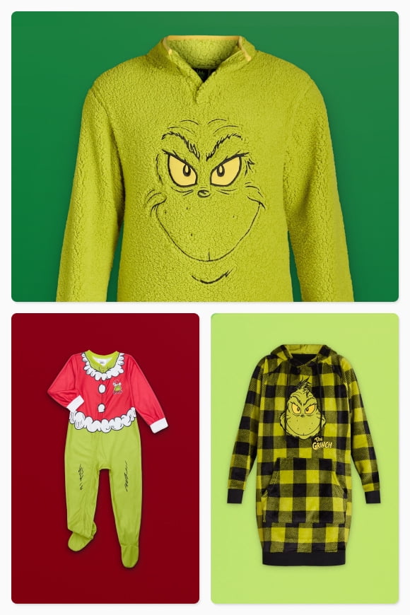 Image of Grinch face fleece pullover, image of baby Grinch costume, image of green plaid Grinch lounge pullover.