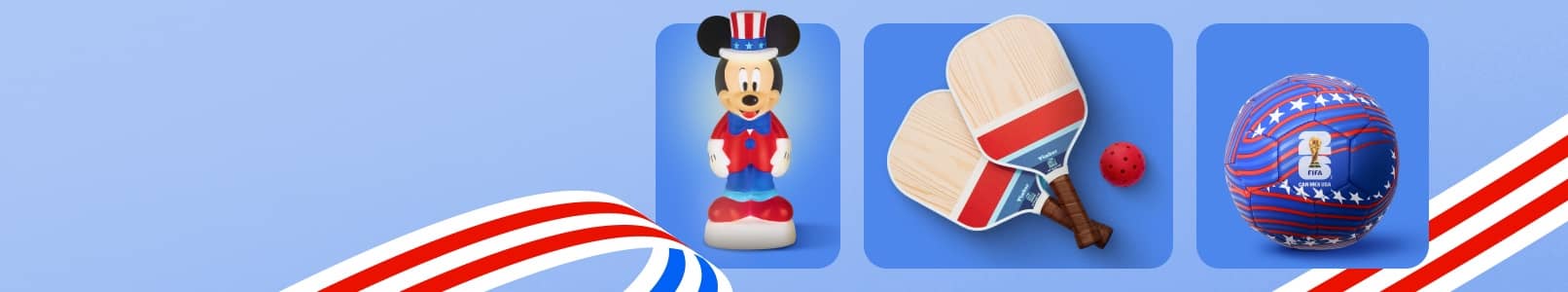Mickey Mouse lamp, two pickeball rackets and ball, soccer ball.