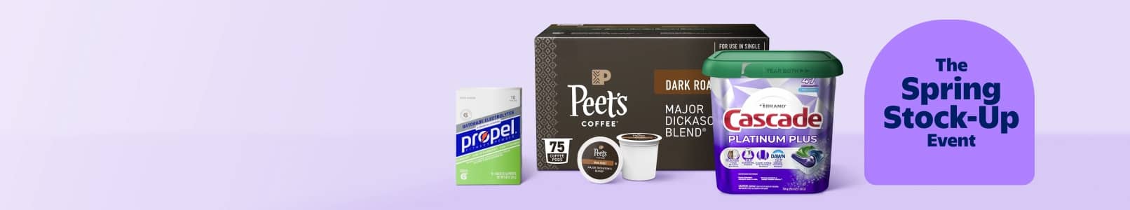 Value pack of Cascade dishwasher pods, Peet’s coffee pods and Propel fitness powder.