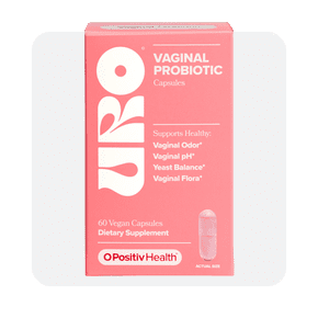 Image shows a pink box of O Positiv URO vaginal probiotic capsules, sixty count, designed to support pH balance, vaginal odor and health.