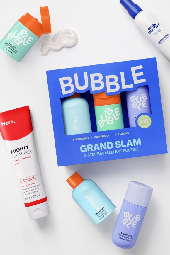 Bubble and Hero Cosmetics skincare with text: "Just-dropped skincare. The latest formulas for a healthy glow.